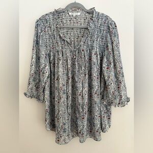 Rose & Olive Multicolor Floral Patterned Smocked Blouse Size‎ 1X Blue